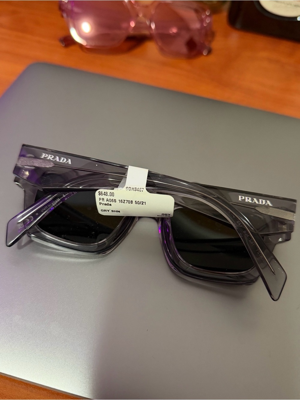 Prada Transparent Purple Rectangular Sunglasses with Black Lenses